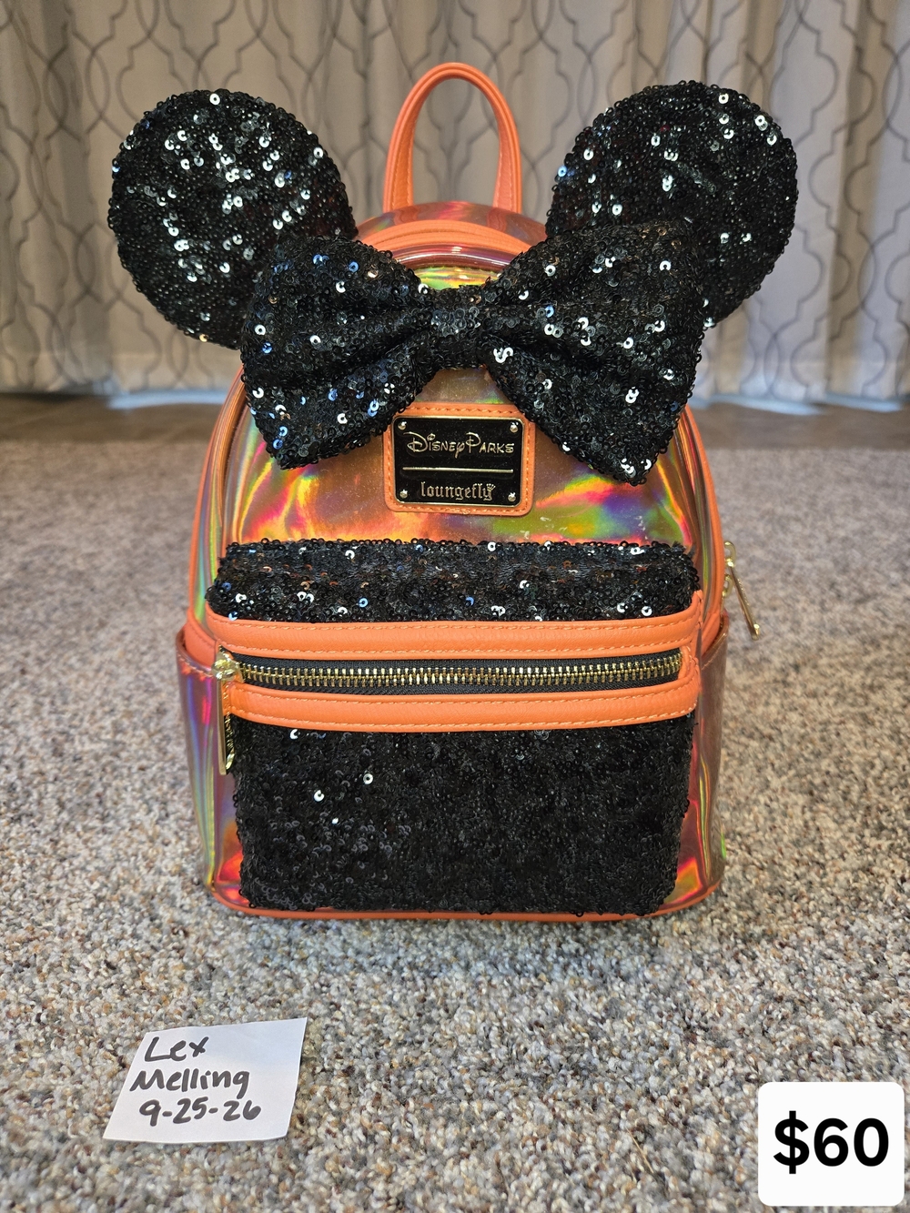 Loungefly Holographic Orange Mini Backpack with Black Sequin Minnie Ears